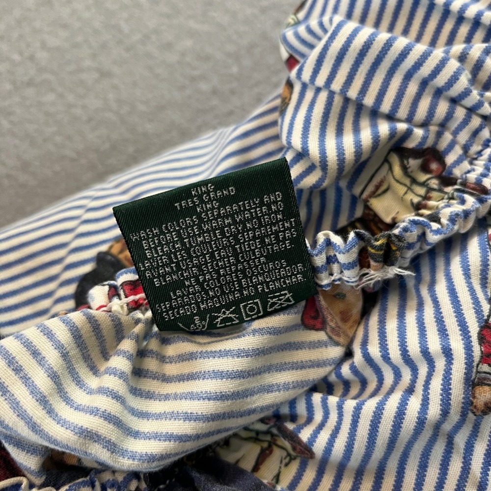 Vintage Ralph Lauren Polo Bear King Fitted Sheet Blue White Stripe Bedding 90s - Picture 3 of 4